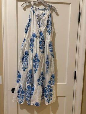 Roller Rabbit White Maxi Dress with Blue Floral Embroidery
